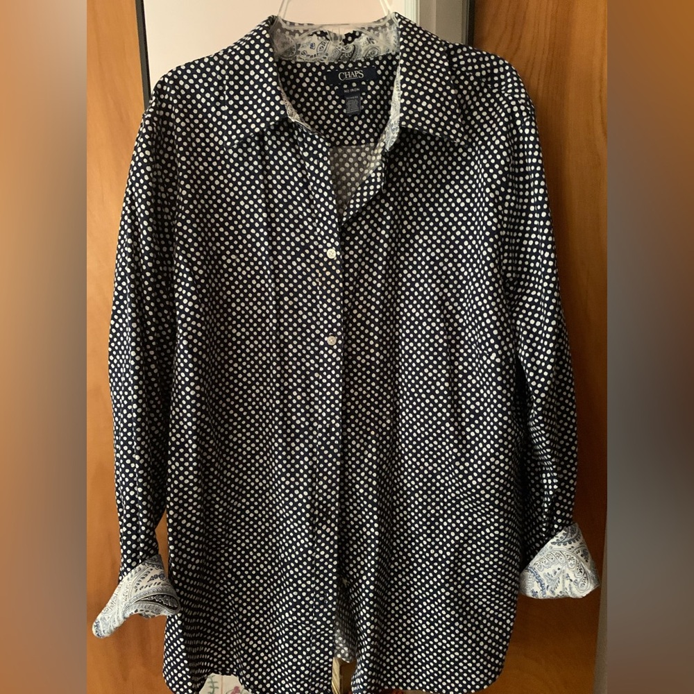 Chaps button up shirt, b/w polka dot, 1X